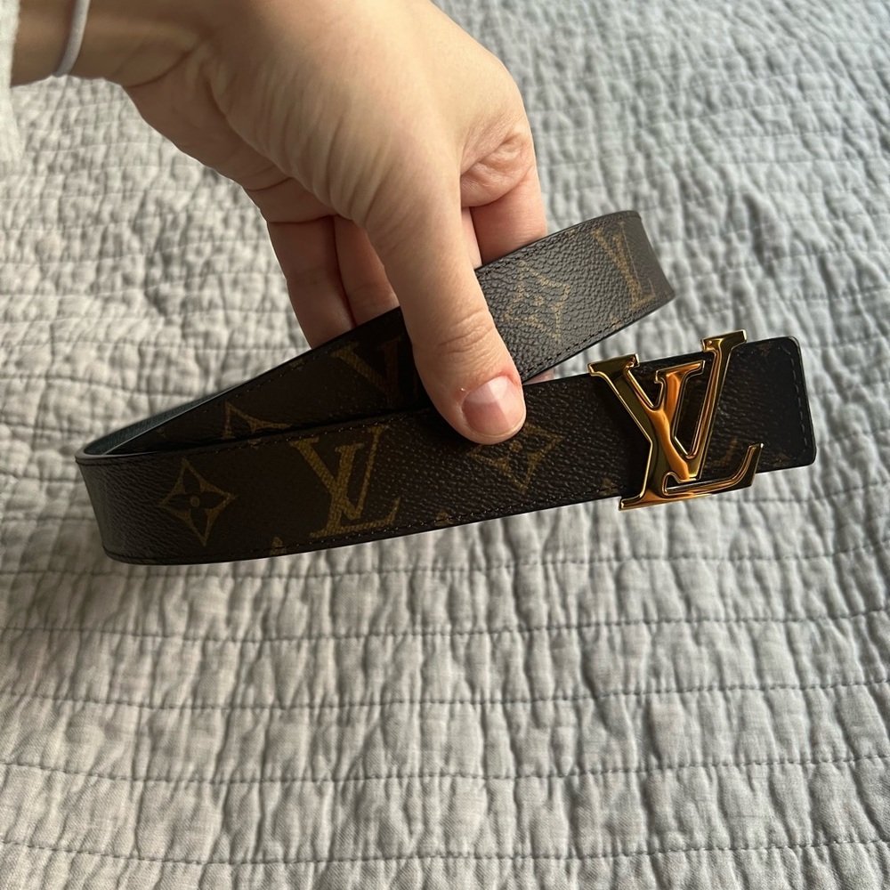 Auth LOUIS VUITTON Calfskin Monogram 30mm LV Initiales Reversible Belt 80 32